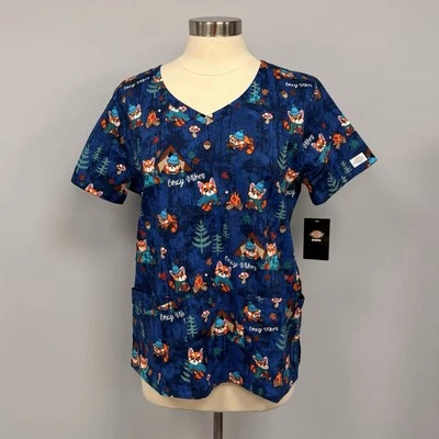 NWT Dickies Scrub Top M Cozy Vibes Blue W/ Red Panda Mushrooms Scrubs Nurse Uni - Image 1 of 4