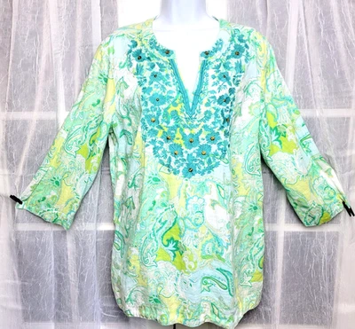 Túnica Charter Club Lux 100 % lino bordada con cuentas talla XL cachemira boho playera Foto 1 de 4