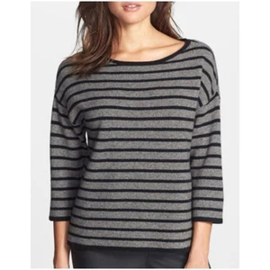 Eileen Fisher Women’s Sz S Petite Gray Black Boxy Sweater Stripe Merino Wool Kni - Imagen 1 de 12