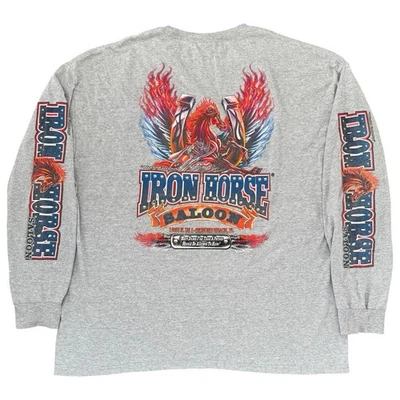 Vintage Y2K Iron Horse Saloon Long Sleeve Tee Shirt Size 2XL Gray Horse Flames - Image 1 of 4