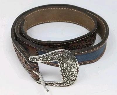Vintage Wright Tooled Floral Velvet Inlay Leather Belt w/ Stetson Buckle - Sz 35 - Image 1 of 4