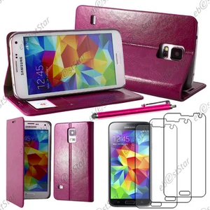 Housse Portefeuille PU Cuir pour Samsung Galaxy S5 et S5 New+ Stylet+3 Films - Photo 1 sur 1