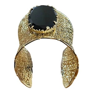 Kendra Scott Wide Ricky Filigree Cuff Statement Bracelet Gold Plated Black Stone - Picture 1 of 4