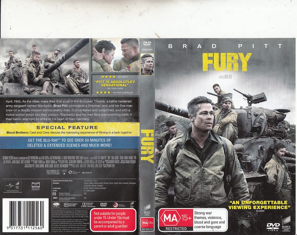 DVD Fury-2014-Brad Pitt-Movie - Imagem 1 de 1