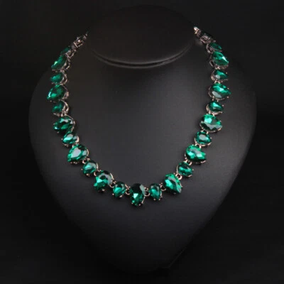 Green Crystal Glass Women Necklace Statement Choker Chain Bib Collar Jewelry New - Imagem 1 de 4
