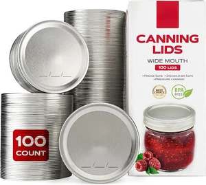Wide Mouth Canning Lids 100-Pack Create Airtight Seals on Mason Jars to Preserve - Picture 1 of 10