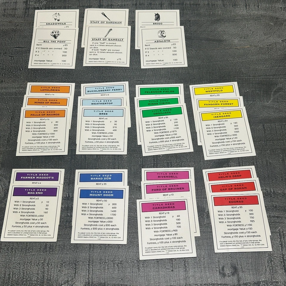 2003 Monopoly Lord of the Rings Trilogy Game Parts: 28 Title Deeds - Image 1 of 1