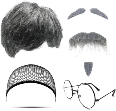 MIVAIUN EASY HALLOWEEN costume FANCY DRESS Einstein grandpa old man 7PC WIG GLASSES
