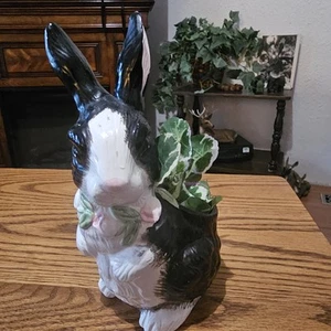 Vintage Holland Floral Rabbit Planter Black And White 9 Inches From Tip Of Ear. - Picture 1 of 4