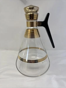 Atomic 1960s Inland Glass Coffee Carafe MCM Vintage Stripes Bronze Copper Cork - Picture 1 of 10