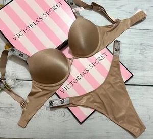 Victoria's Secret Shine Strap Smooth Bombshell Push Up Bra Thong Set Beige - Picture 1 of 5