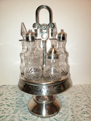 Antiguo juego de condimentos Meriden B Company placa de plata 6 cruetas con soporte Foto 1 de 4