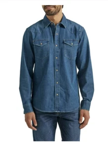 Wrangler Shirt Men Medium Blue Relaxed Flex Soft American Western Workwear Denim - Picture 1 of 4