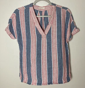 Marine Lagenlook Bali Tunika Top rosa blau vertikale Streifen Leinen V-Ausschnitt Small - Bild 1 von 9