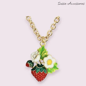 Enamel Strawberry & Blossom Flower Necklace Pendant 1950's Style Rockabilly - Imagen 1 de 4