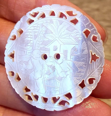 Antique Chinese Finely Engraved Pearl Gaming Chip Button with Asian Scene Cover