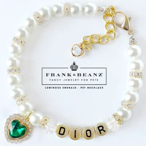 Emerald Heart Personalized Pearl Dog Necklace Cat Necklace Luxury Pet Jewelry - Picture 1 of 9