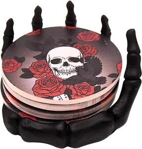 Skeleton Hand Coaster Holder with Skull and Rose Coasters, Set of 4 Coasters - Picture 1 of 4