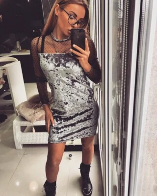 Mini Vestido Terciopelo Plateado Negro Lunares, Talla S Foto 1 de 4