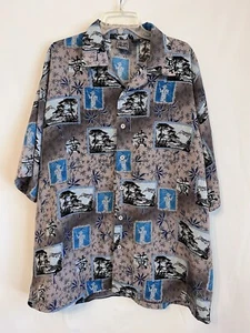 AUTHENTISCHES SHAOLIN Herren XL kurzärmeliges Knopfleiste Camp Shirt blau & grau Druck - Bild 1 von 5