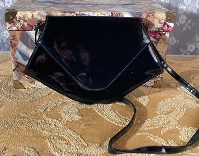 Vintage 80s Purse 1980s Black Patent Goth Glam Rocker Chic New Wave Retro Bag - Image 1 of 4