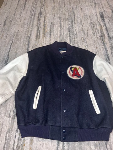 RARE CALIFORNIA ANGELS CHALKLINE LEATHER AND WOOL VARSITY BOMBER JACKET MENS XL Cover