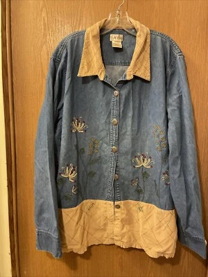 Blobbie Brooks 女式牛仔/灯芯绒夹克尺寸 22-24 花卉刺绣口袋 — 第 1/4 张图片