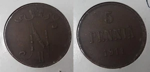 1911 Russian Finland Nicholas II  5 pennia - Picture 1 of 1