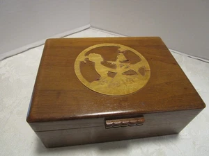 Vintage Mahogany Wood Box applied spinning lady lid & mirror inside 8" W 1940's - Picture 1 of 10