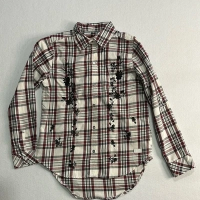 Camisa 7 For All Mankind Niñas M Blanca Western Cuadros Negra Floral Bordada Foto 1 de 4