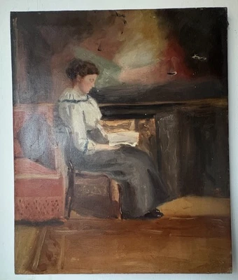 Pintura victoriana grande sobre lienzo retrato de una dama sentada Foto 1 de 4