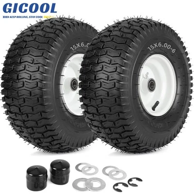 GICOOL 2-Pack 15x6.00-6 Rubber Pneumatic Tire and Wheel for Lawn Mower Garden Tractor
