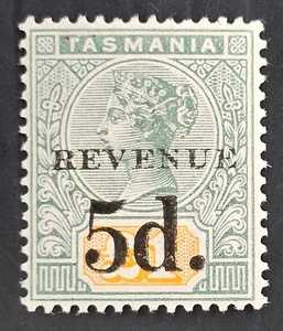 1919 Tasmania Australia REVENUE 5d. Surch on £1 Green/Yellow Tablet Stamp MVLH - Bild 1 von 2