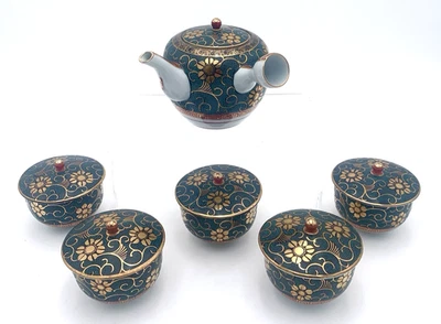 Juego de té japonés Kutani Ware de 12 piezas de colección: diseño de flor Tessen de grano azul: usado en excelente estado Foto 1 de 4