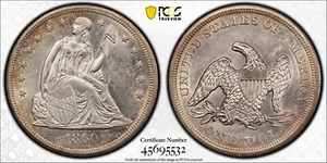 1860 O Seated Liberty Silver Dollar $1 PCGS UNC. Detail Cleaned - Picture 1 of 8