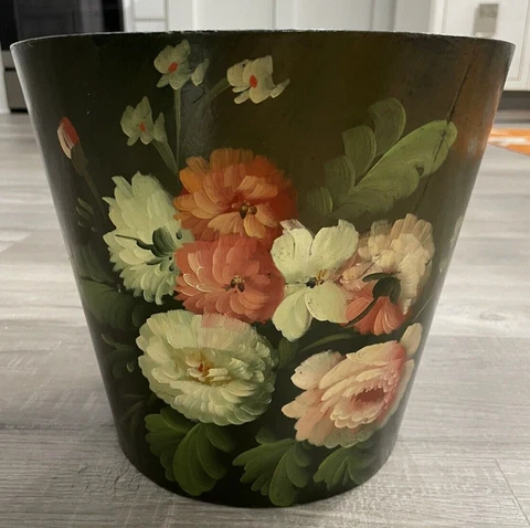 Vintage Tole Painted Waste Basket Wooden Hand Painted Magazine Storage Bin Cover