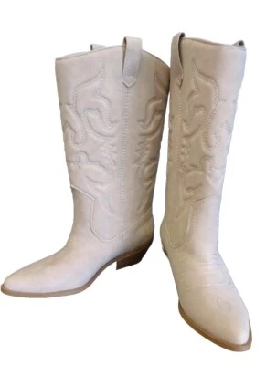 Botas vaqueras Soda Western de tacón cosido para mujer talla 9 beige imitación gamuza  Foto 1 de 4