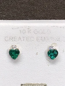10k Yellow Gold Lab Created Heart Emerald & CZ Stud Earrings Used - Picture 1 of 5