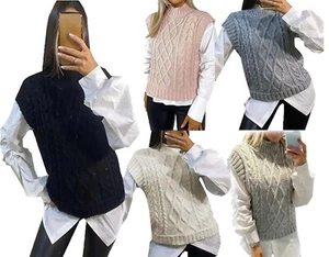 Damen Pullover mit hohem Kragen und Zopfmuster Damen ärmellos Strickpullover - Bild 1 von 6