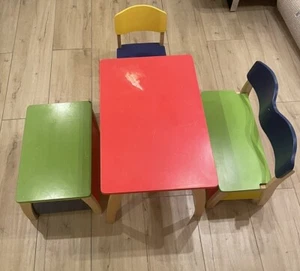 GEUTHER Kindersitzgruppe Holz, bunt mit Sitztruhe, Sitzbank, Stuhl und Tisch - Bild 1 von 9