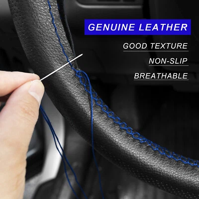 38cm 15'' Blue Car Steering Wheel Cover Genuine Leather Non-slip Breathable DIY - Image 1 of 4