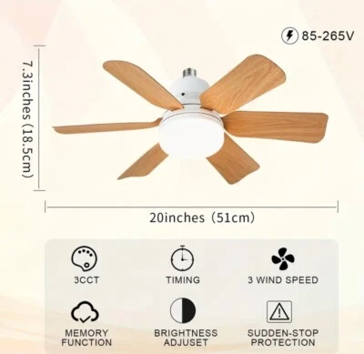 20” Quiet Indoor Wood Grain Square Leaf Ceiling Fan Light & Remote Control E27  - Image 1 of 4