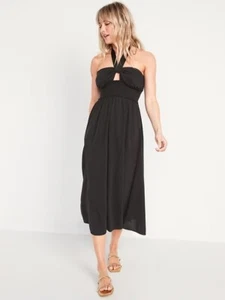 New Old Navy Fit n Flare Smocked Twist Front Halter Maxi Dress, Black L - Picture 1 of 12