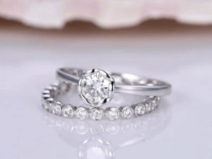 1Ct White Round CZ Engagement Ring With Eternity Band 925 Sterling Silver - Picture 1 of 5