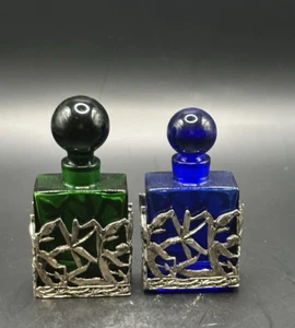 Vintage (2) Art Deco Stil blau & grün Glas und Zinn Libelle Parfüm Flaschen - Bild 1 von 5
