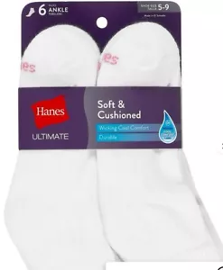 NEW 6 PACK Hanes Women's Ultimate Comfort Toe Seamed Ankle Socks Size 5-9 White - Picture 1 of 11