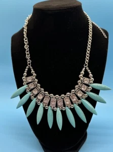 Silver Tone Faux Turquoise Necklace With Crystal Stones On Stainless Steel 17" - Picture 1 of 1