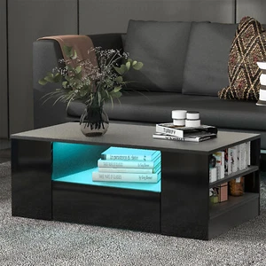 Couchtisch mit LED Beleuchtung Schwarz Hochglanz Wohnzimmertisch mit Schublade - Bild 1 von 12