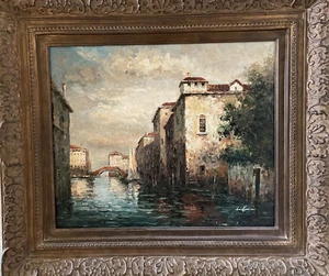 Canal Venice Scene Italy 24x36 Original Oil on Canvas Painting Signed Framed - Picture 1 of 9