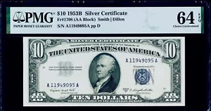$10 1953B Silver Certificate Fr#1708 PMG 64 EPQ Choice Uncirculated - Picture 1 of 3